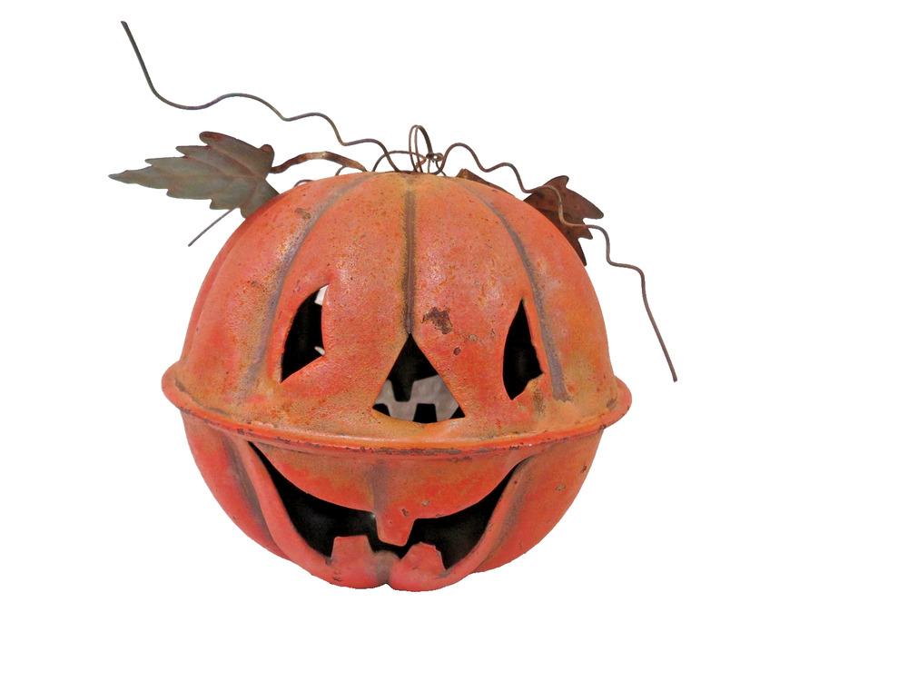 VTG Metal Jack O Lantern Pumpkin Bell Halloween Decor Rusty Primitive Fall